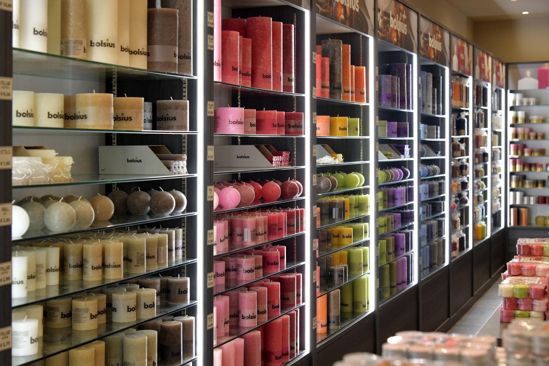 Shelves displaying craft supplies and gifts